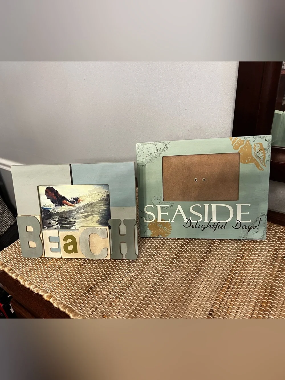 Wooden 'Beach' Picture Frame in Light Blue and Cream
